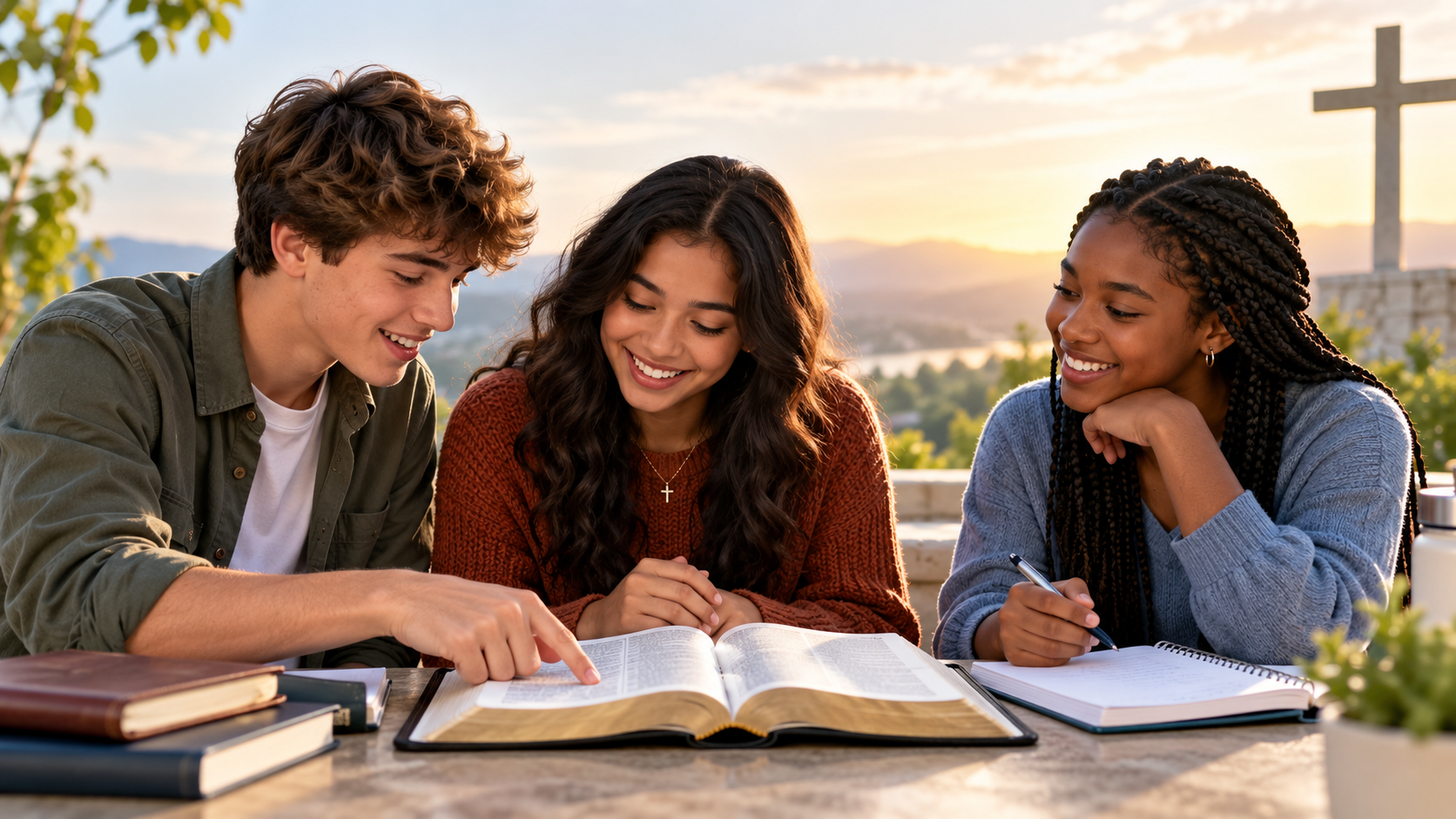 Three teenagers studying the Bible together